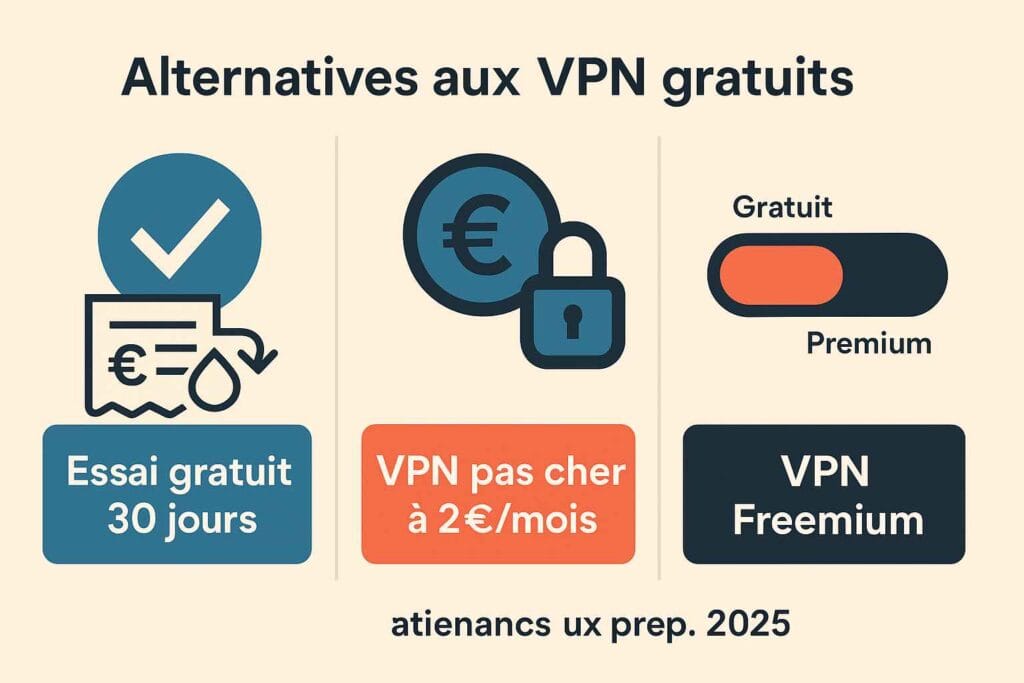Infographie illustrant les trois alternatives aux VPN gratuits : essai gratuit 30 jours, VPN pas cher, VPN freemium Infographie illustrant les trois alternatives aux VPN gratuits : essai gratuit 30 jours, VPN pas cher, VPN freemium