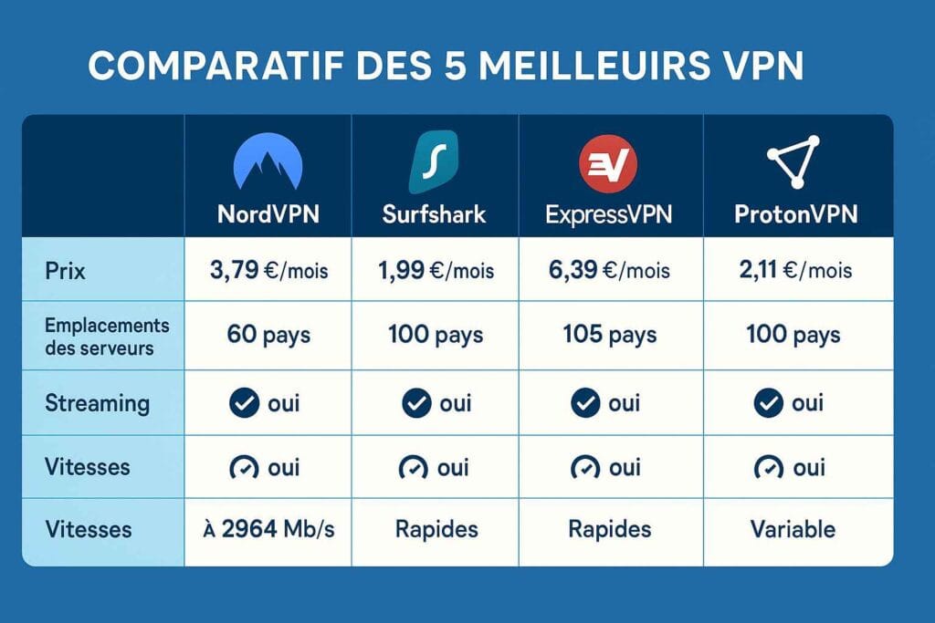Comparatif des 5 meilleurs VPN 2025 pour la France : NordVPN, Surfshark, ExpressVPN, CyberGhost, ProtonVPN Comparatif des 5 meilleurs VPN 2025 pour la France : NordVPN, Surfshark, ExpressVPN, CyberGhost, ProtonVPN