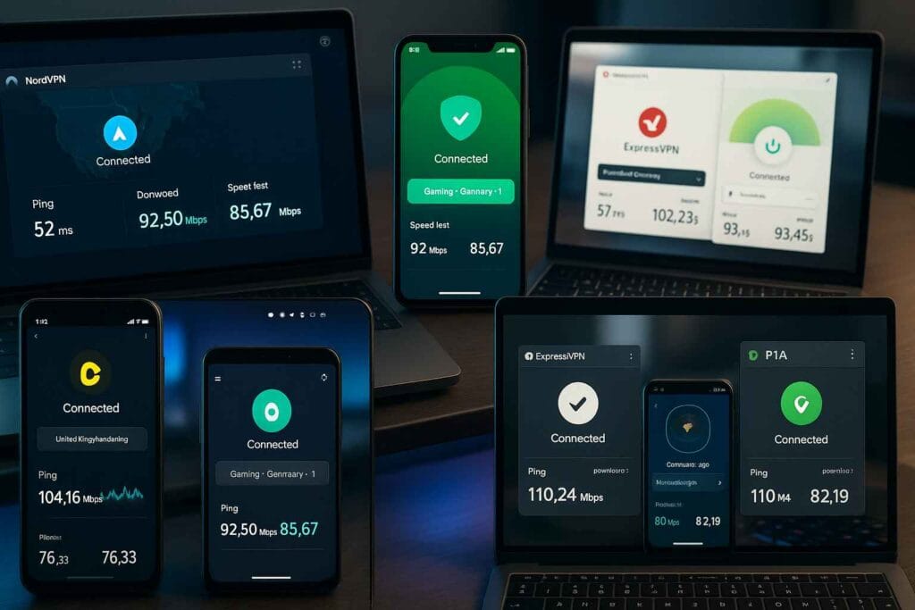 Interfaces des 5 meilleurs VPN gaming avec résultats de tests Interfaces des 5 meilleurs VPN gaming avec résultats de tests