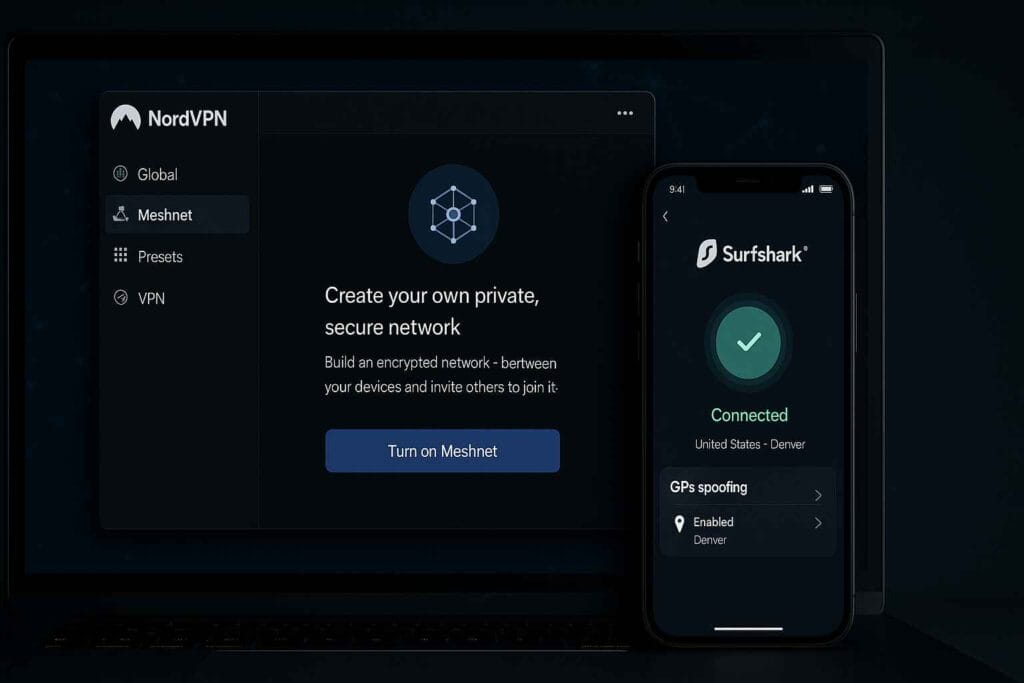 Interface utilisateur VPN avec Meshnet, Split Tunneling, GPS fictif Interface utilisateur VPN avec Meshnet, Split Tunneling, GPS fictif