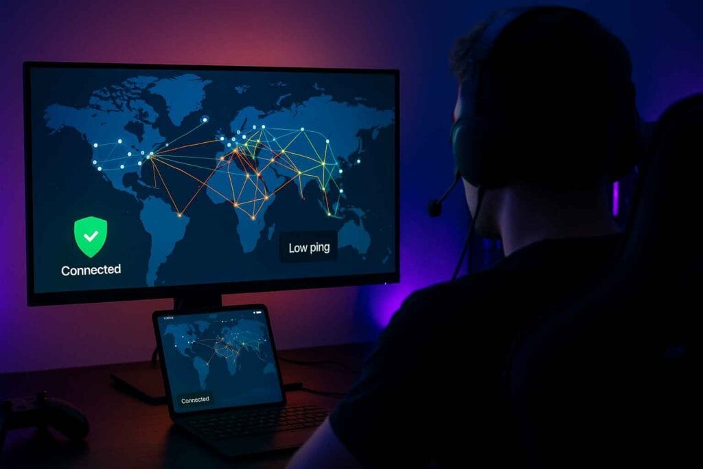 Gamer visualisant la carte des serveurs VPN pour le gaming