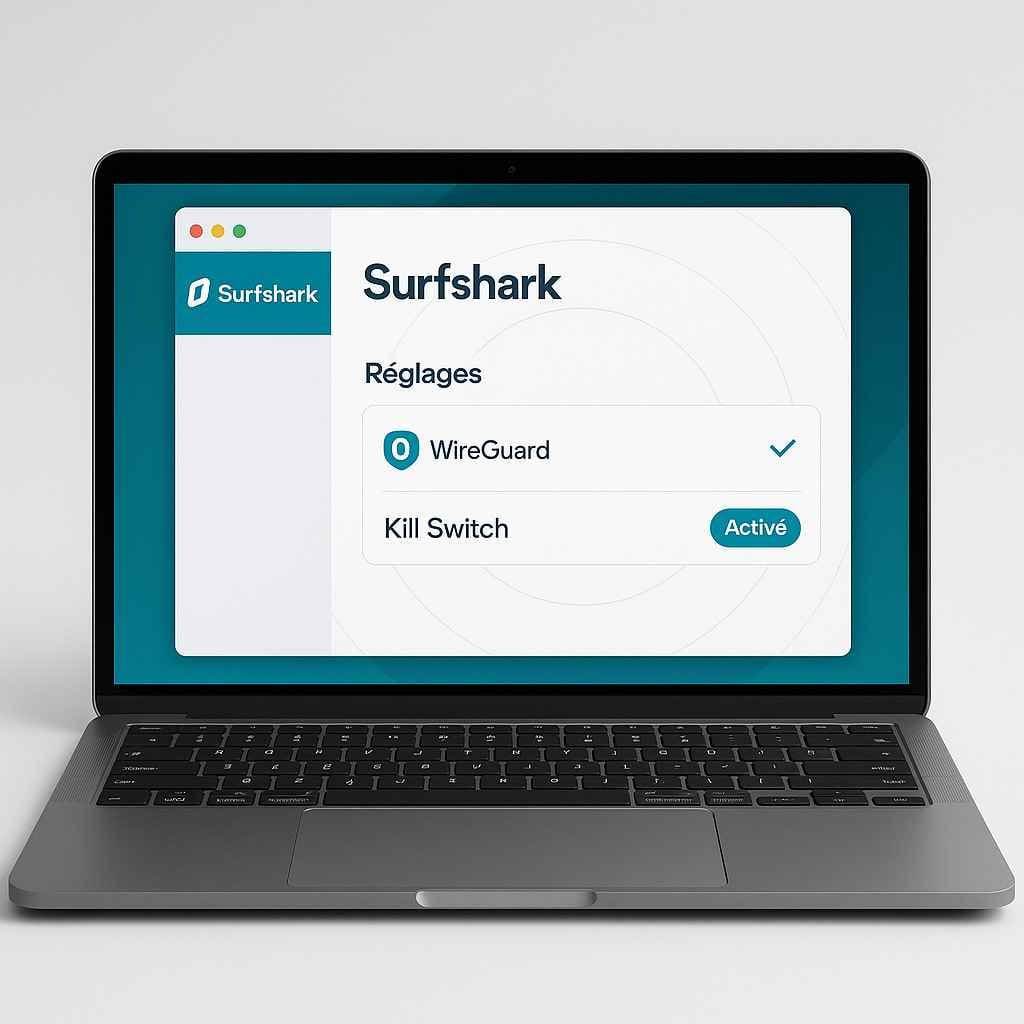 Interface Surfshark en France avec protocole WireGuard et Kill Switch activés Interface Surfshark en France avec protocole WireGuard et Kill Switch activés