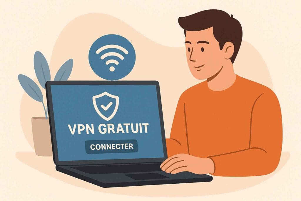 Jeune homme utilisant un VPN gratuit sur son ordinateur portable Jeune homme utilisant un VPN gratuit sur son ordinateur portable