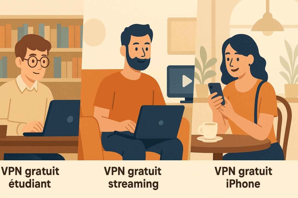 Illustration représentant trois profils : étudiant avec VPN, utilisateur streaming, utilisatrice iPhone en café Illustration représentant trois profils : étudiant avec VPN, utilisateur streaming, utilisatrice iPhone en café