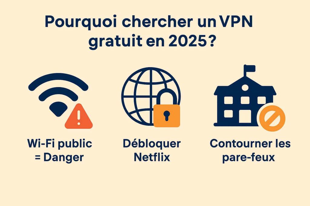 Infographie illustrant trois raisons d’utiliser un VPN gratuit : Wi-Fi public dangereux, Netflix bloqué, pare-feux scolaires Infographie illustrant trois raisons d’utiliser un VPN gratuit : Wi-Fi public dangereux, Netflix bloqué, pare-feux scolaires
