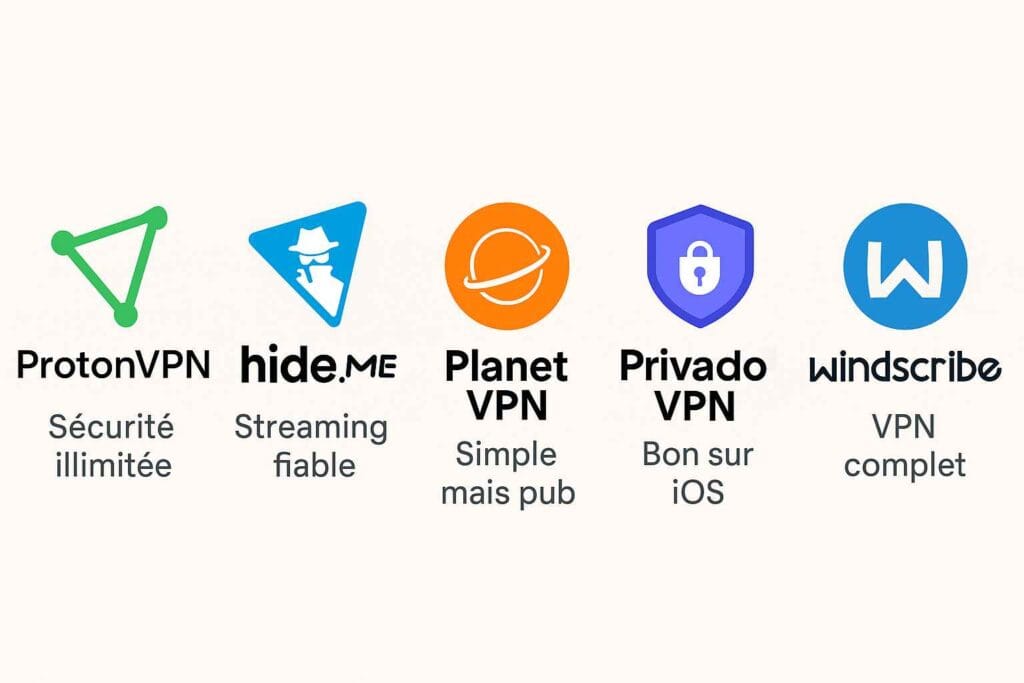 Logos des 5 meilleurs VPN gratuits avec leur point fort (ProtonVPN, Hide.me, Planet VPN, PrivadoVPN, Windscribe) Logos des 5 meilleurs VPN gratuits avec leur point fort (ProtonVPN, Hide.me, Planet VPN, PrivadoVPN, Windscribe)