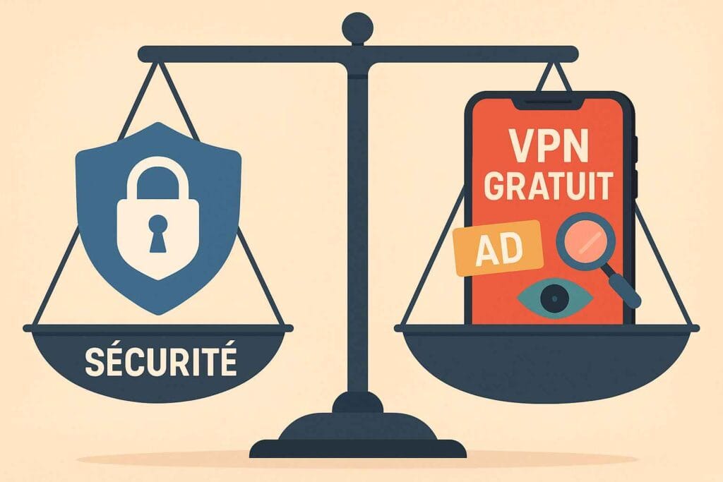 Illustration montrant un équilibre entre sécurité (cadenas) et VPN gratuit (mobile avec publicité et traqueurs) Illustration montrant un équilibre entre sécurité (cadenas) et VPN gratuit (mobile avec publicité et traqueurs)