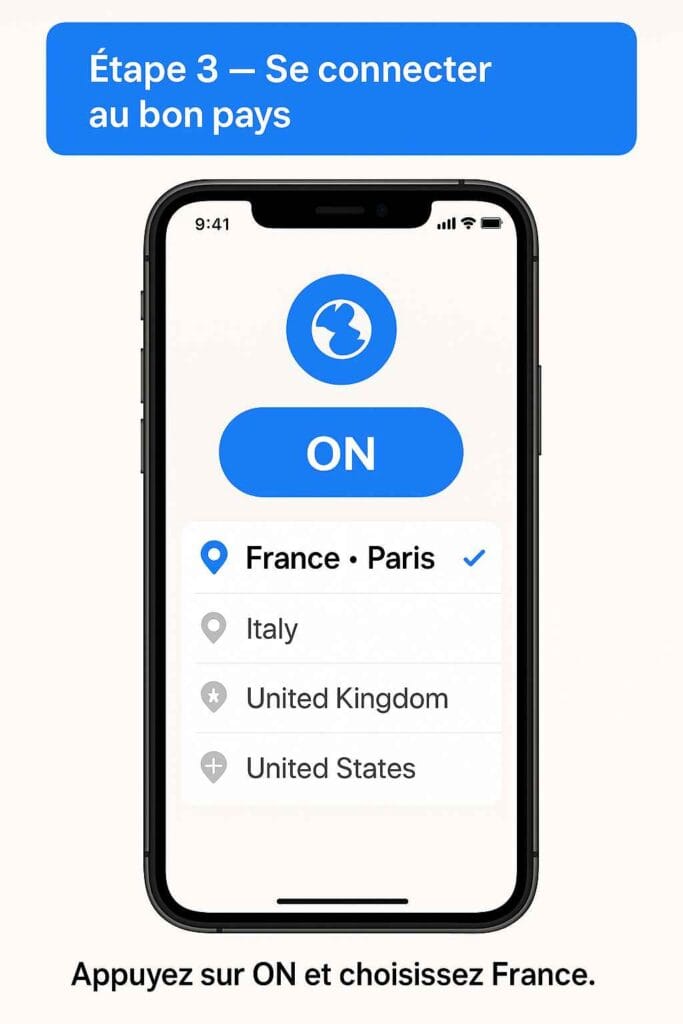 Étape 3 — Connectez‑vous et choisissez un serveur France. Étape 3 — Connectez‑vous et choisissez un serveur France.