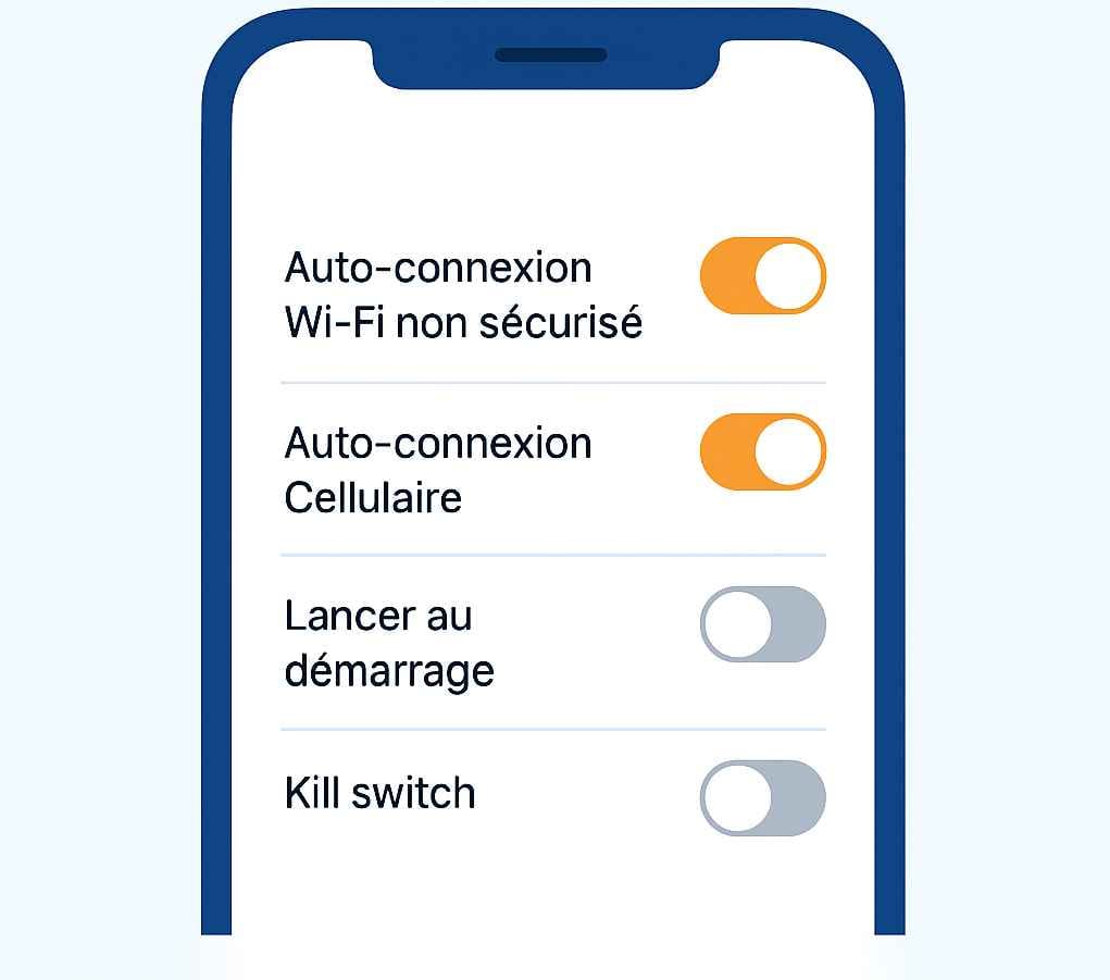 Étape 4 — Activez l’auto‑connexion (Wi‑Fi non sécurisé + Cellulaire). Étape 4 — Activez l’auto‑connexion (Wi‑Fi non sécurisé + Cellulaire).