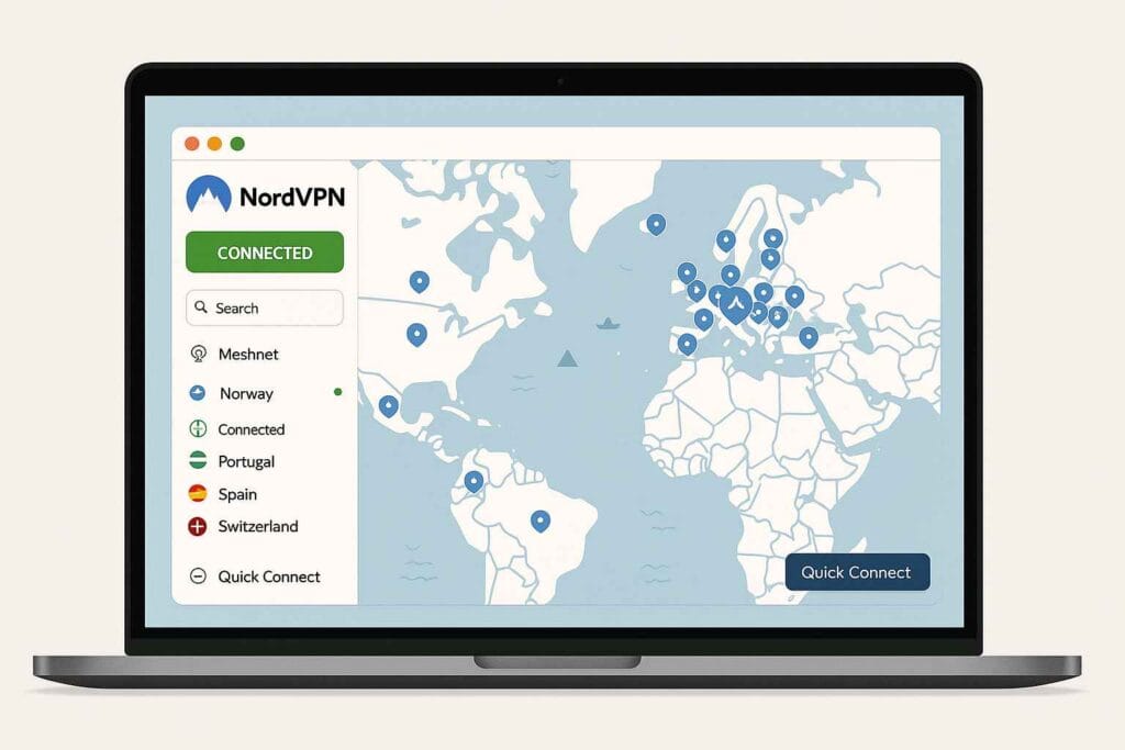 Interface NordVPN sur Mac et carte Interface NordVPN sur Mac et carte