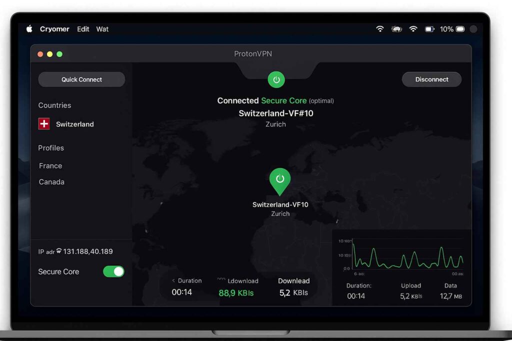 Interface ProtonVPN sur Mac avec test de vitesse Interface ProtonVPN sur Mac avec test de vitesse