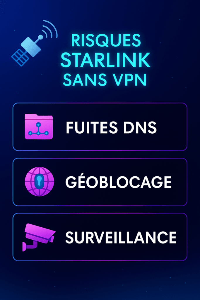 Risques Starlink sans VPN : fuites DNS, géoblocage, surveillance Risques Starlink sans VPN : fuites DNS, géoblocage, surveillance