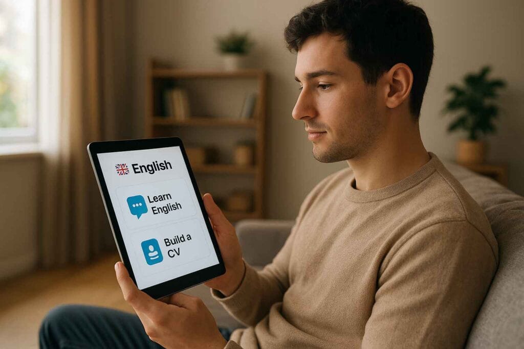 Jeune adulte utilisant une application IA sur tablette pour apprendre l’anglais et créer un CV Jeune adulte utilisant une application IA sur tablette pour apprendre l’anglais et créer un CV
