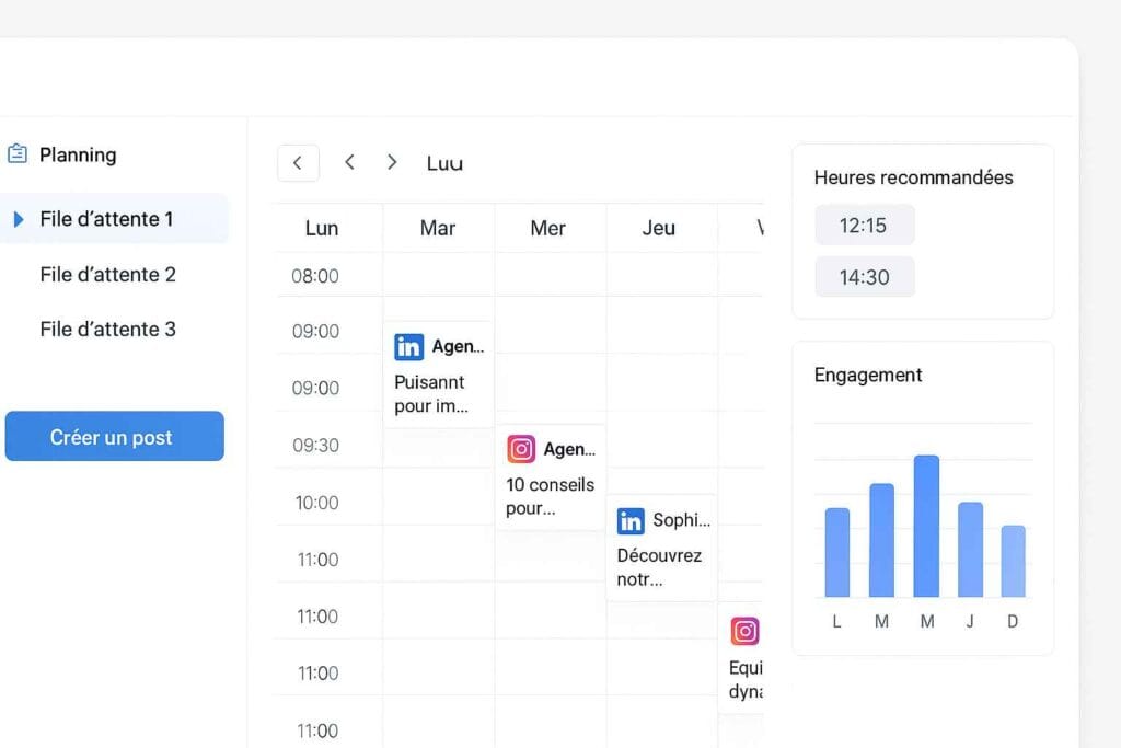 Calendrier de planification réseaux sociaux avec IA et horaires recommandés Calendrier de planification réseaux sociaux avec IA et horaires recommandés
