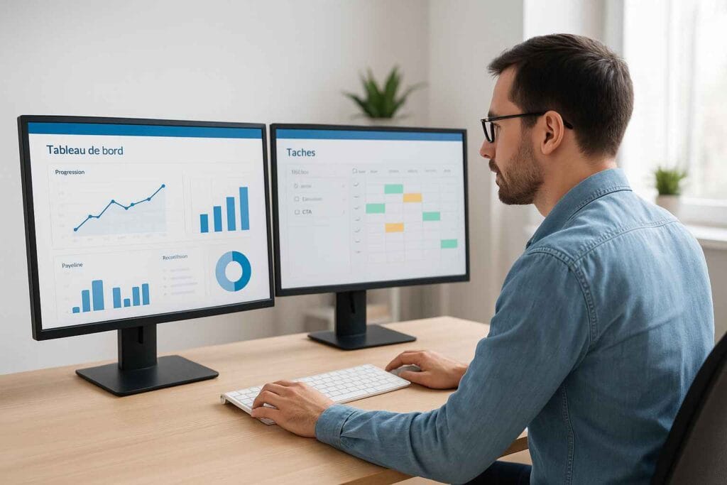 Entrepreneur comparant deux outils IA pour automatisation d’entreprise Entrepreneur comparant deux outils IA pour automatisation d’entreprise