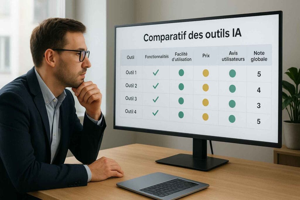 Chef d’entreprise analysant un comparatif d’outils IA pour automatisation Chef d’entreprise analysant un comparatif d’outils IA pour automatisation