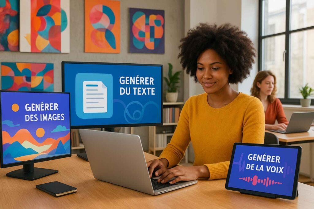 Studio créatif avec IA générant texte, images, vidéos et voix Studio créatif avec IA générant texte, images, vidéos et voix