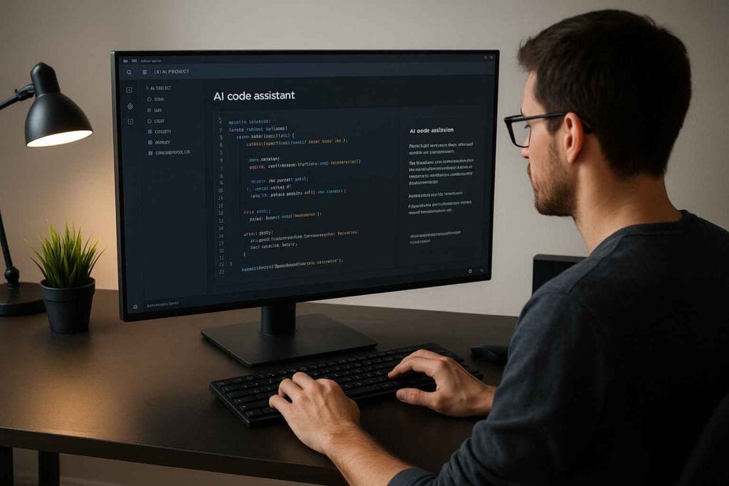 Développeur utilisant un assistant de code IA dans un IDE en mode sombre Développeur utilisant un assistant de code IA dans un IDE en mode sombre