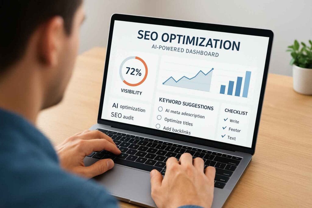 Tableau de bord d’optimisation SEO assisté par IA avec graphiques, mots-clés et checklists Tableau de bord d’optimisation SEO assisté par IA avec graphiques, mots-clés et checklists