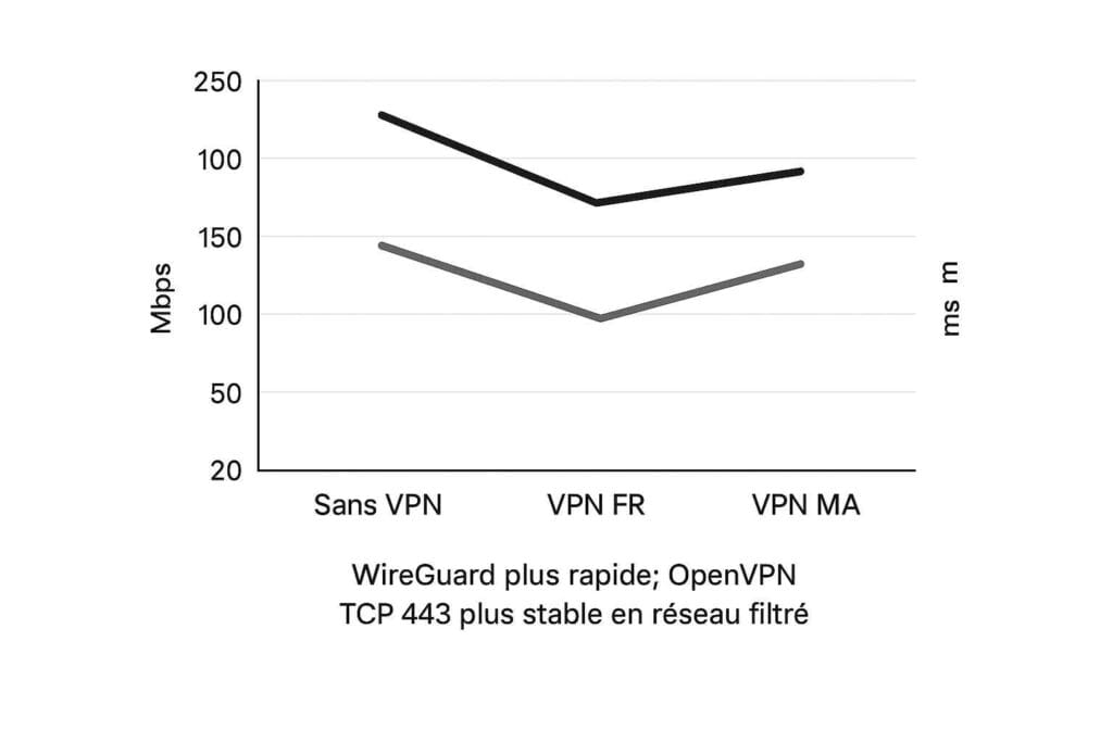 Débit et latence avec/sans VPN — Légende : WireGuard plus rapide ; OpenVPN TCP 443 plus stable en réseau filtré Débit et latence avec/sans VPN — Légende : WireGuard plus rapide ; OpenVPN TCP 443 plus stable en réseau filtré