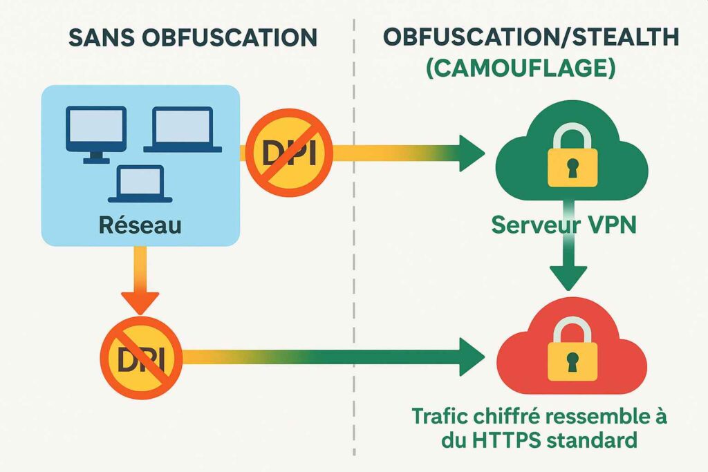 Obfuscation d’un VPN — Légende : Le trafic chiffré ressemble à du HTTPS standard Obfuscation d’un VPN — Légende : Le trafic chiffré ressemble à du HTTPS standard