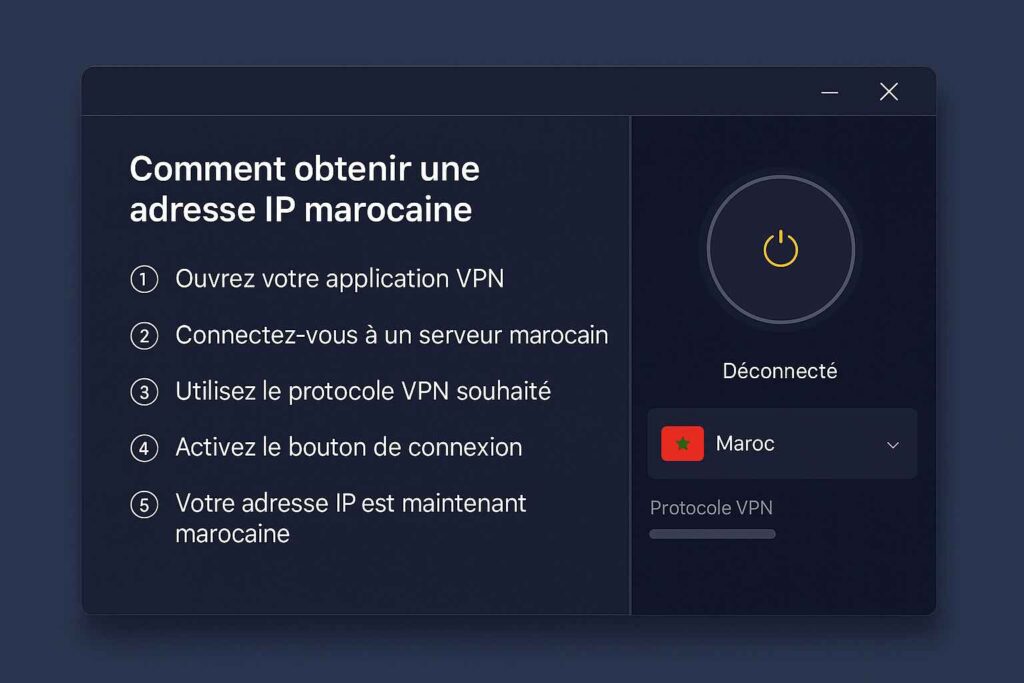 Tutoriel visuel : choisir Rabat (virtuel), WireGuard, Obfuscation activée, puis Connecté — IP marocaine active Tutoriel visuel : choisir Rabat (virtuel), WireGuard, Obfuscation activée, puis Connecté — IP marocaine active