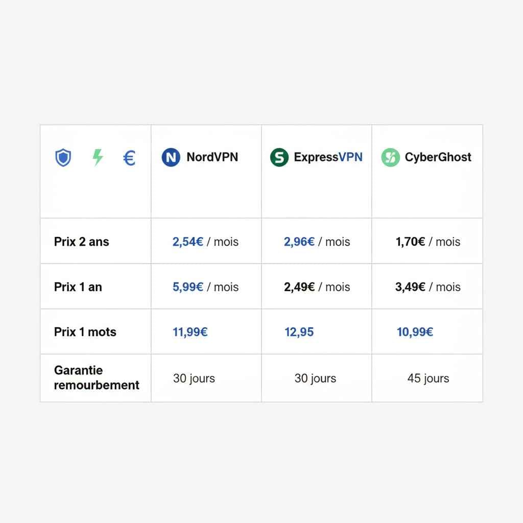 Tableau comparatif 2025 pour savoir quel est le meilleur VPN entre NordVPN, ExpressVPN, Surfshark et CyberGhost Tableau comparatif 2025 pour savoir quel est le meilleur VPN entre NordVPN, ExpressVPN, Surfshark et CyberGhost