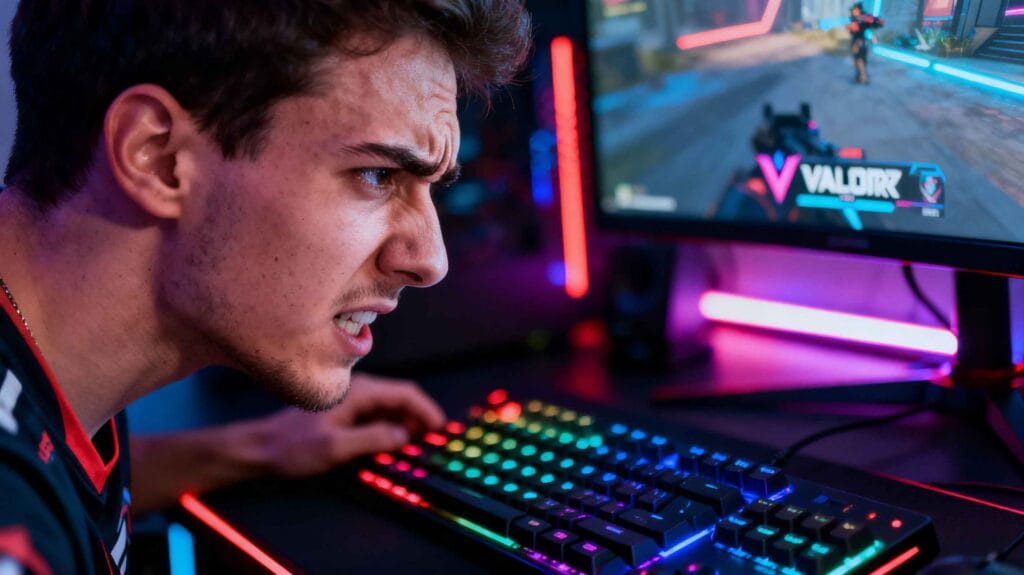Léo confronté à une attaque DDoS soudaine pendant une partie de Valorant, écran figé, frustration visible Léo confronté à une attaque DDoS soudaine pendant une partie de Valorant, écran figé, frustration visible