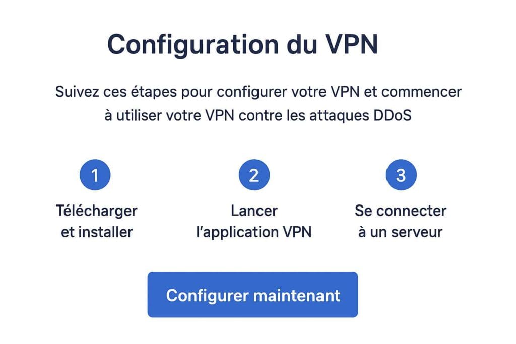 Écran de configuration VPN étape par étape, interface française, dashboard technique montrant le masquage d'IP Écran de configuration VPN étape par étape, interface française, dashboard technique montrant le masquage d'IP
