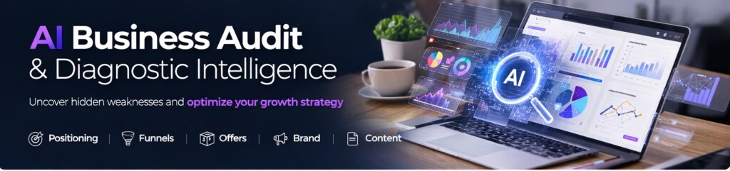 AI business audit diagnostic dashboard analyzing funnels, offers, brand and content strategy