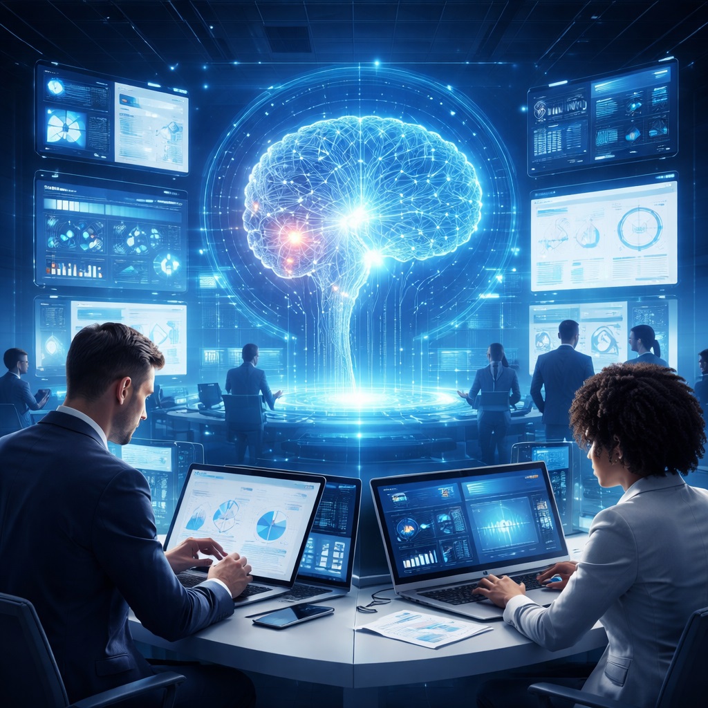 AI decision intelligence platform visualizing structured analysis dashboards and neural decision engine