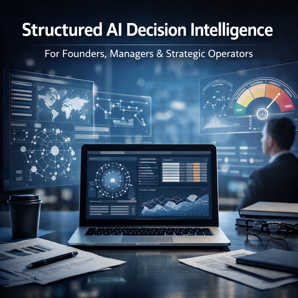 AI decision intelligence platform interface showing structured strategic analysis dashboards and risk assessment indicators for business decision makers