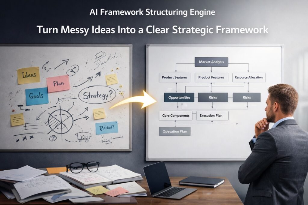 Founder analyzing messy ideas transformed into a structured strategic framework on a whiteboard