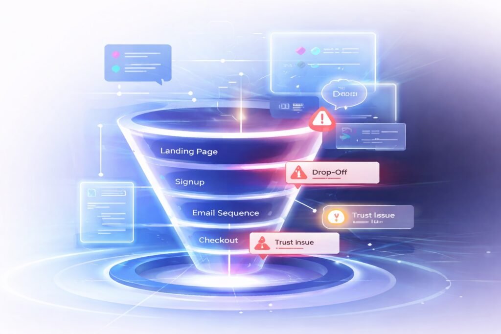 AI funnel architecture diagnostic visualization showing marketing funnel stages and conversion drop-off analysis