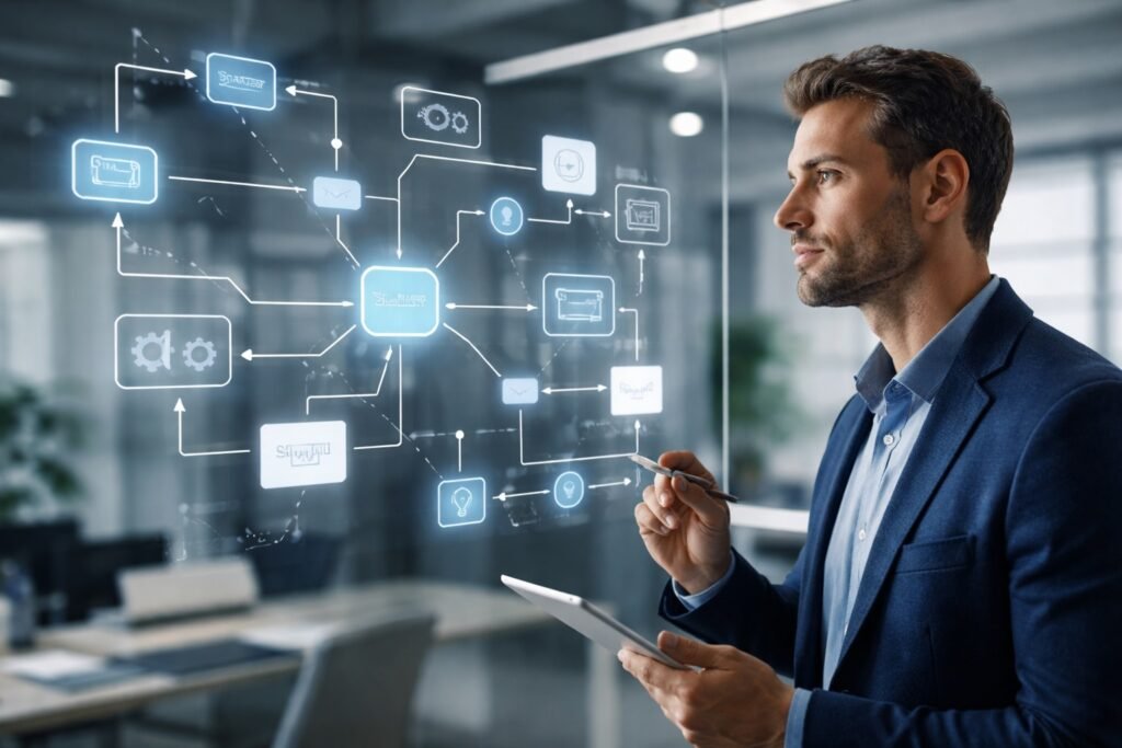 Founder analyzing a structured idea architecture on a glass strategy board