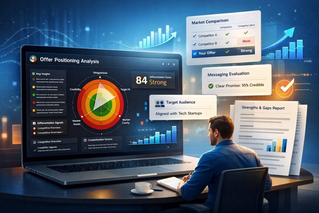 AI offer positioning and differentiation analysis dashboard showing competitive positioning radar and market comparison insights