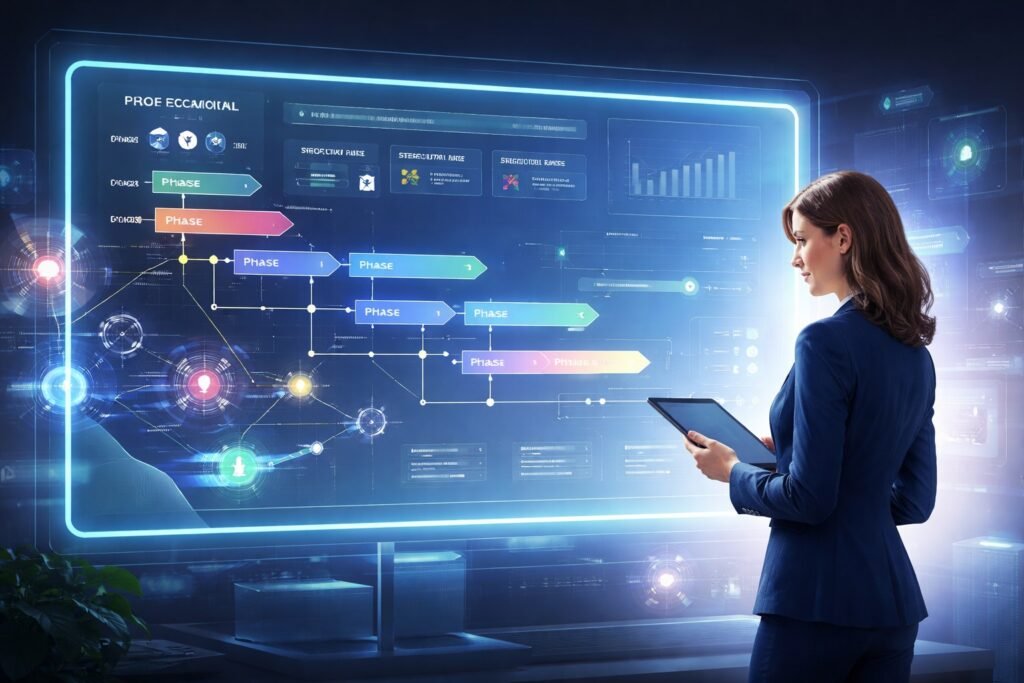 AI project execution architecture analysis dashboard visualizing phases, dependencies, and structural project planning