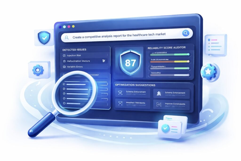 AI Prompt Reliability Auditor dashboard analyzing prompt structure, reliability score, and detected issues