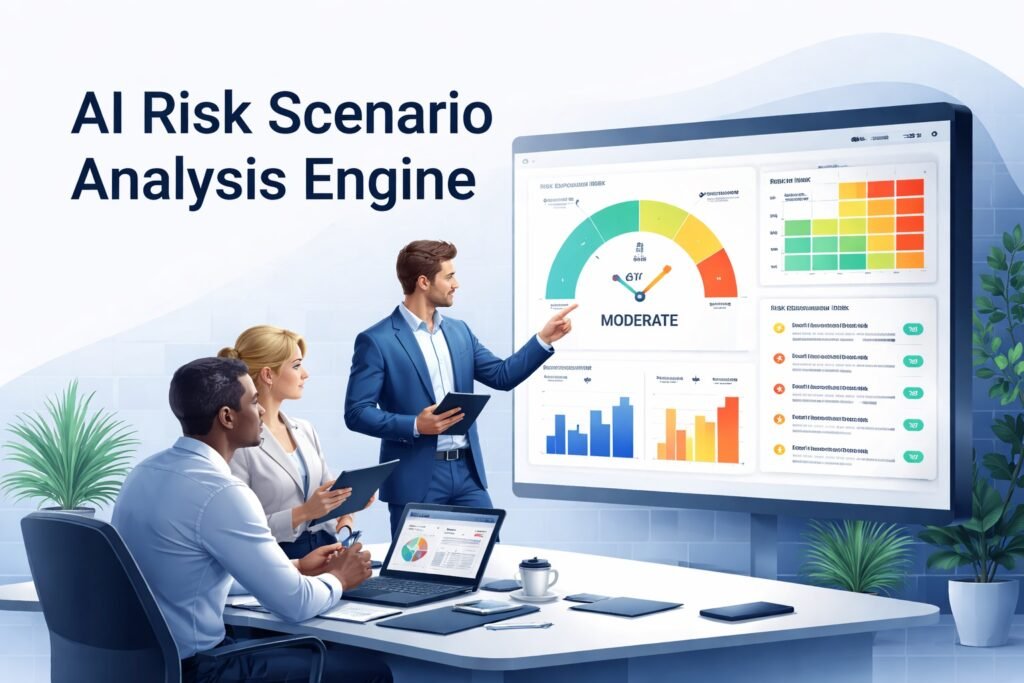AI risk scenario analysis dashboard showing risk exposure index, risk matrix, and business risk indicators used for strategic decision analysis