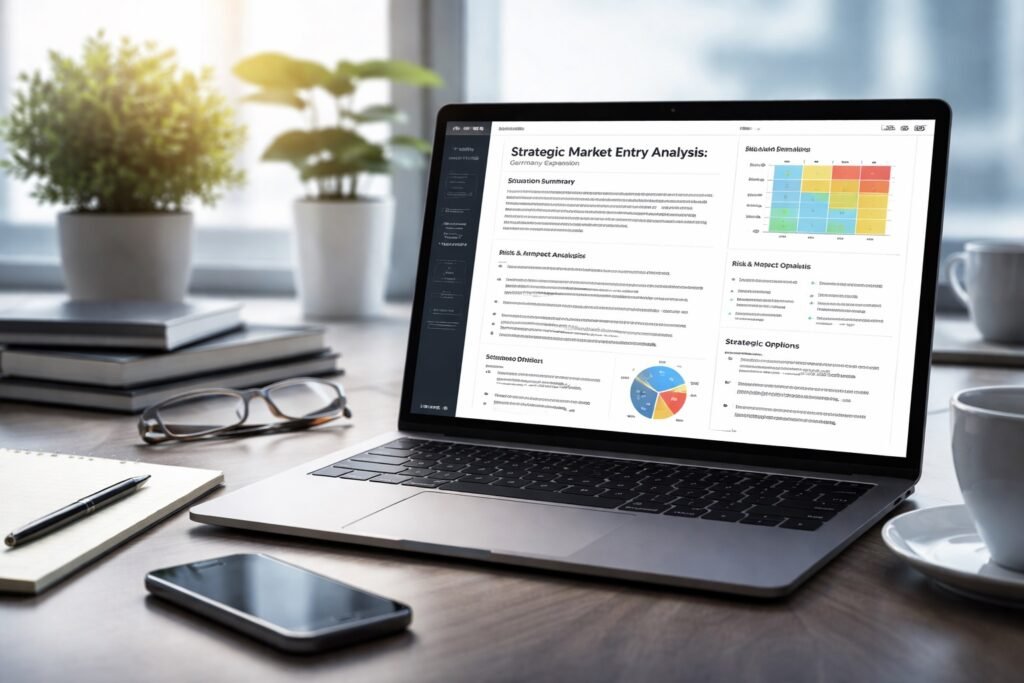 AI strategic analysis tool dashboard showing business decision report with risk analysis, strategic options, and data visualization