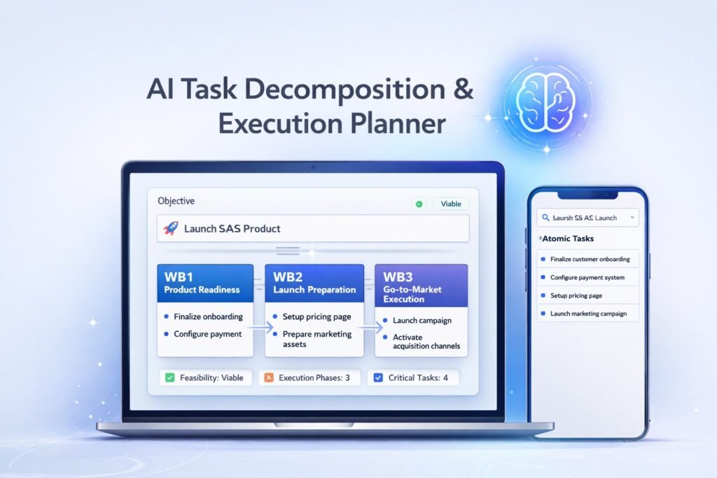 AI task decomposition and execution planner generating structured work blocks and execution plan