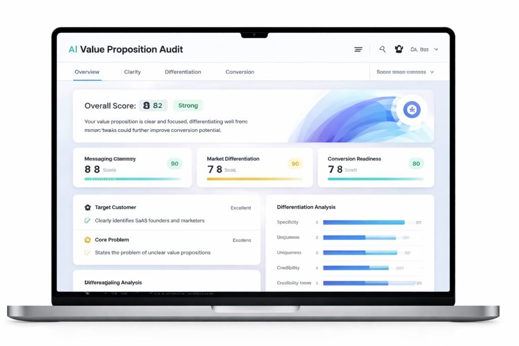AI value proposition analysis dashboard evaluating clarity differentiation and conversion readiness