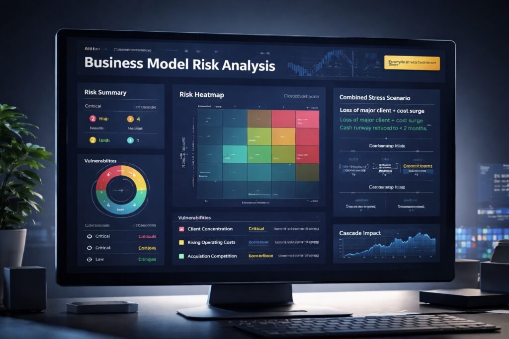 AI business model stress test dashboard showing risk heatmap and structural vulnerability analysis