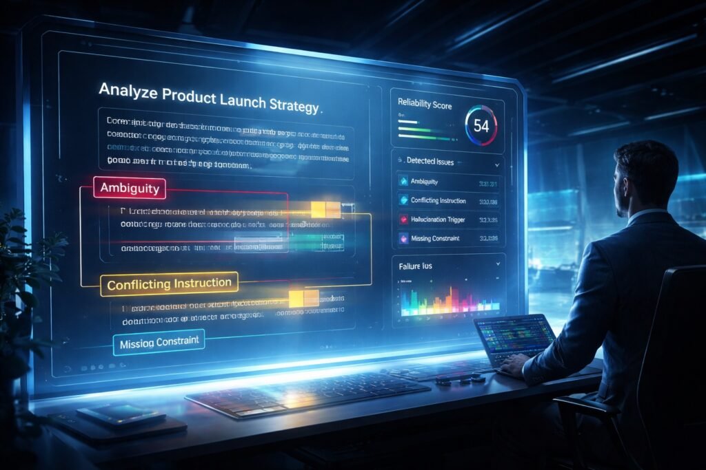 AI prompt reliability diagnosis interface analyzing prompt structure and detecting structural failures