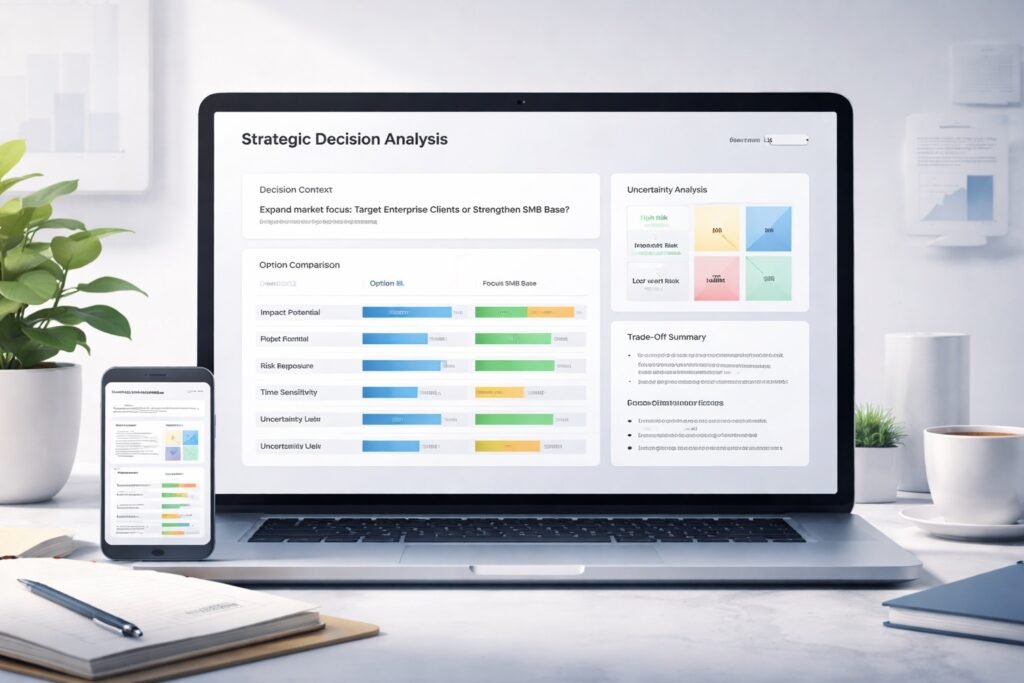 AI strategic decision analysis dashboard comparing business options and risk exposure