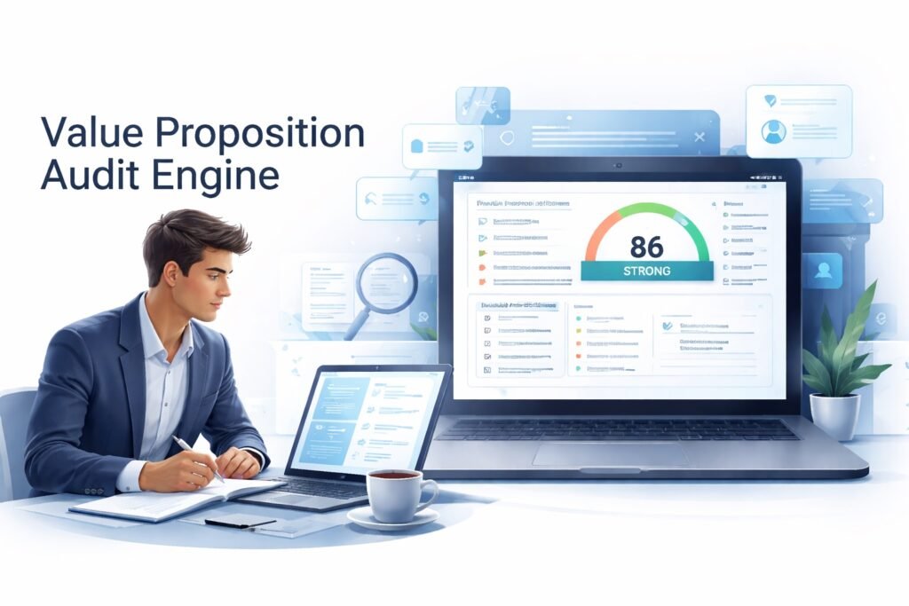 AI value proposition audit dashboard analyzing website messaging clarity and VP health score