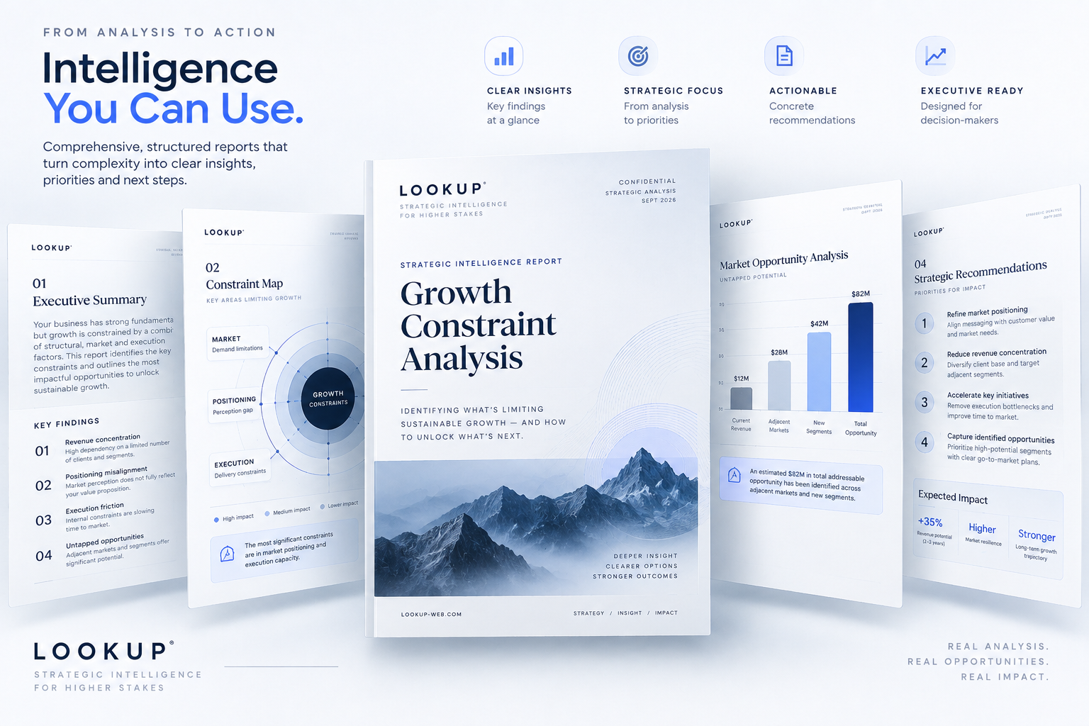 LOOKUP strategic intelligence report preview showing growth constraint analysis, executive findings, market opportunity analysis, and strategic recommendations